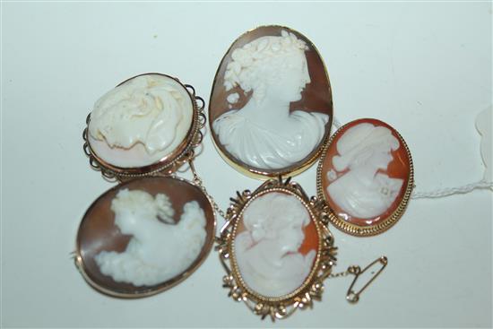 Victorian cameo brooch with classical head, 15ct gold mount, three 9ct gold examples & one unmarked (5)